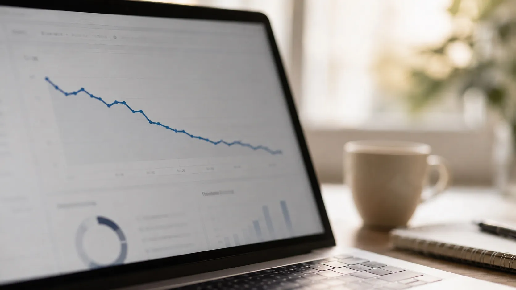 Detail obrazovky notebooku s abstraktním analytickým přehledem a jasně klesající spojnicovou křivkou, bez čitelného textu a čísel. Vedle je rozostřený šálek kávy a zápisník. Motiv naznačuje, co bounce rate měří a jak se jeho význam změnil.