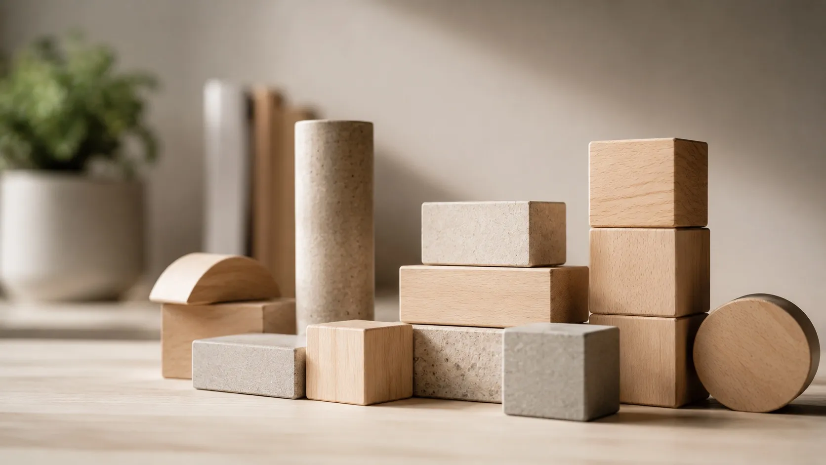 Detail úhledně poskládaných hladkých dřevěných a kamenných geometrických tvarů na světlém stole, evokujících dobře uspořádané stavební prvky. Teplé denní světlo vytváří jemné stíny, přední tvary jsou ostré. Motiv naznačuje prvky, ze kterých se skládá dobrá landing page.