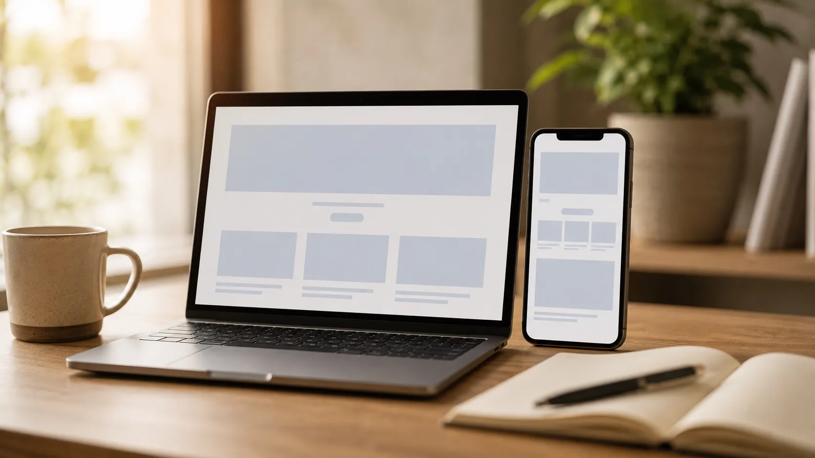 Útulné moderní pracoviště s notebookem a telefonem na dřevěném stole, každé zařízení zobrazuje jiné čisté abstraktní rozvržení webu z geometrických bloků. Vedle leží šálek kávy a otevřený zápisník, v pozadí rostlina. Snímek přibližuje, jak vypadají landing page v praxi.