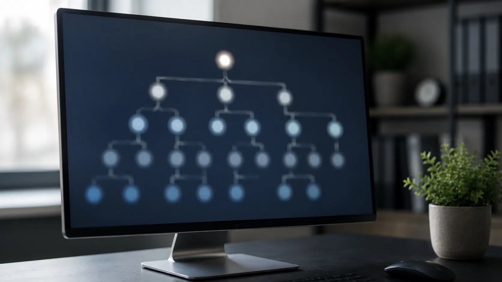Monitor na pracovním stole zobrazuje abstraktní strukturu webu jako světlé body propojené tenkými čarami do stromového diagramu. Vedle stojí malá pokojová rostlina a myš. Scéna odkazuje na technický audit a procházení webu.