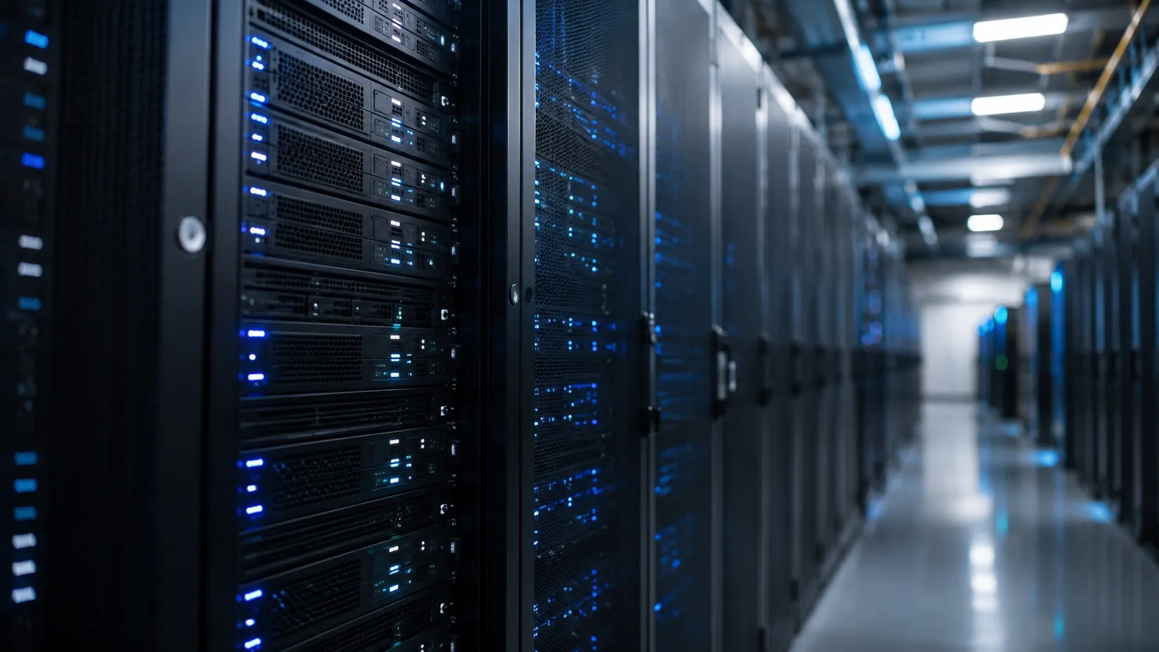 Chodba moderního datového centra s řadami serverových skříní mizejících do hloubky a jemně svítícími modrými kontrolkami. Prostor je čistý a uspořádaný, bez lidí. Motiv ilustruje technické zázemí, na kterém vyhledávač funguje.