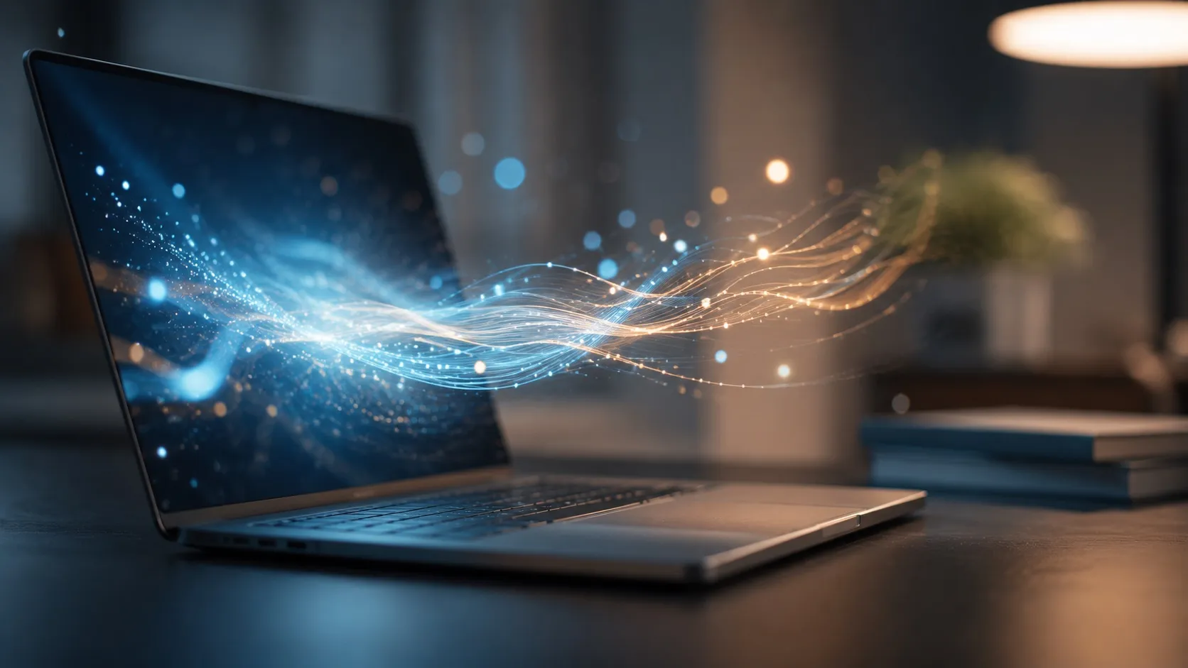 Moderní notebook na tmavém stole, z jehož obrazovky vystupují měkké proudy světla a jemné světelné částice do prostoru. Chladné modré a teplé jantarové tóny působí klidně a elegantně. Snímek naznačuje, jak umělá inteligence proměňuje vyhledávače.