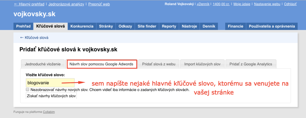 přidání klíčových slov v Collabimu přes návrh slov pomocí Google Adwords
