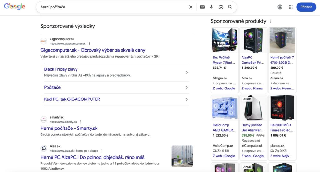 výsledky vyhledávání Google pro dotaz „herní počítače“