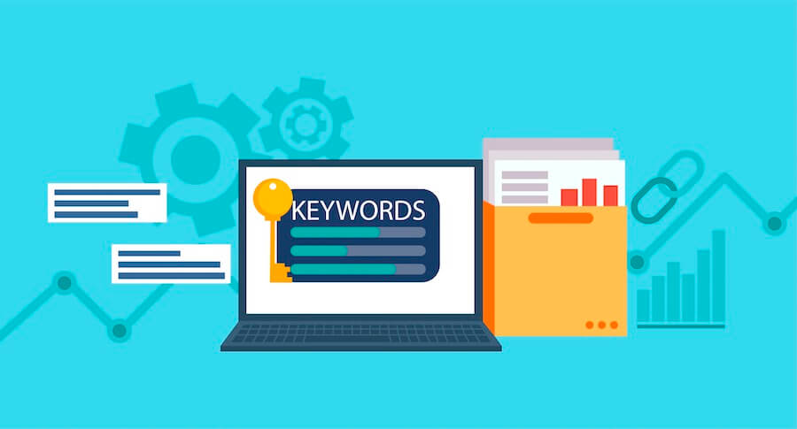 ilustrace klíčových slov – notebook s nápisem Keywords