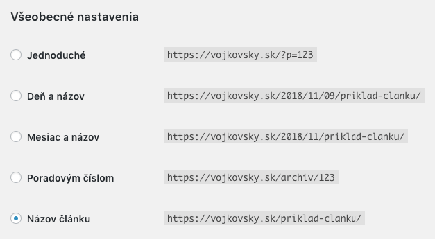 nastavení trvalých odkazů ve WordPressu s vybranou možností Název článku