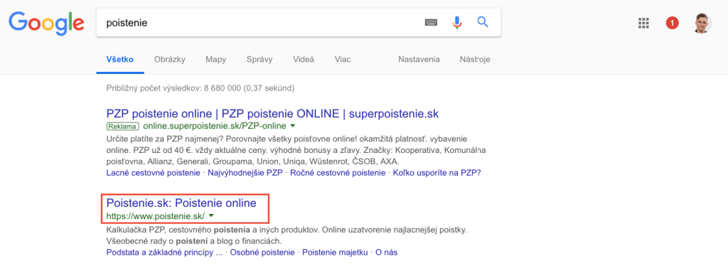 výsledky vyhledávání, kde má první organický výsledek klíčové slovo přímo v doméně