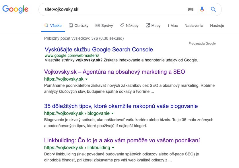 výsledky vyhledávání Google pro dotaz site:vojkovsky.sk