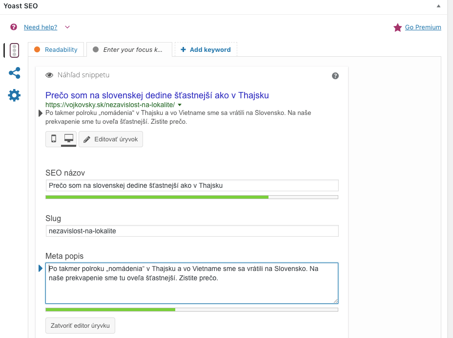 úprava SEO názvu, slugu a meta popisu v pluginu Yoast SEO