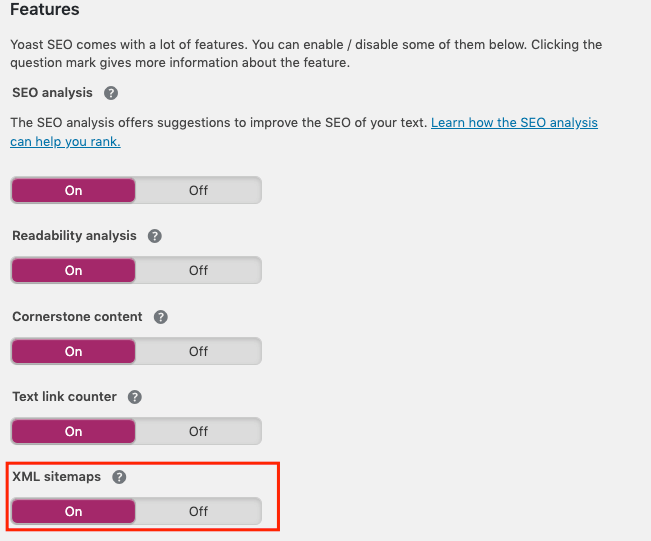 zapnutí XML sitemap v nastavení Features pluginu Yoast SEO