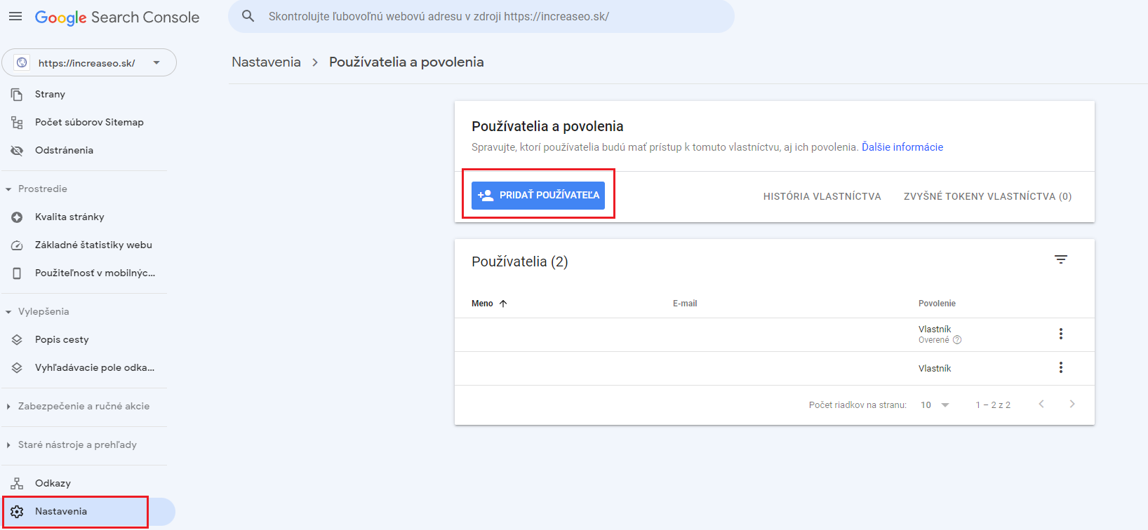 pridávanie používateľa do účtu Google Search Console