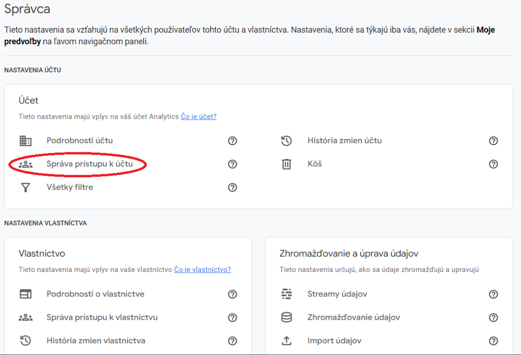 Správa přístupu k účtu Google Analytics