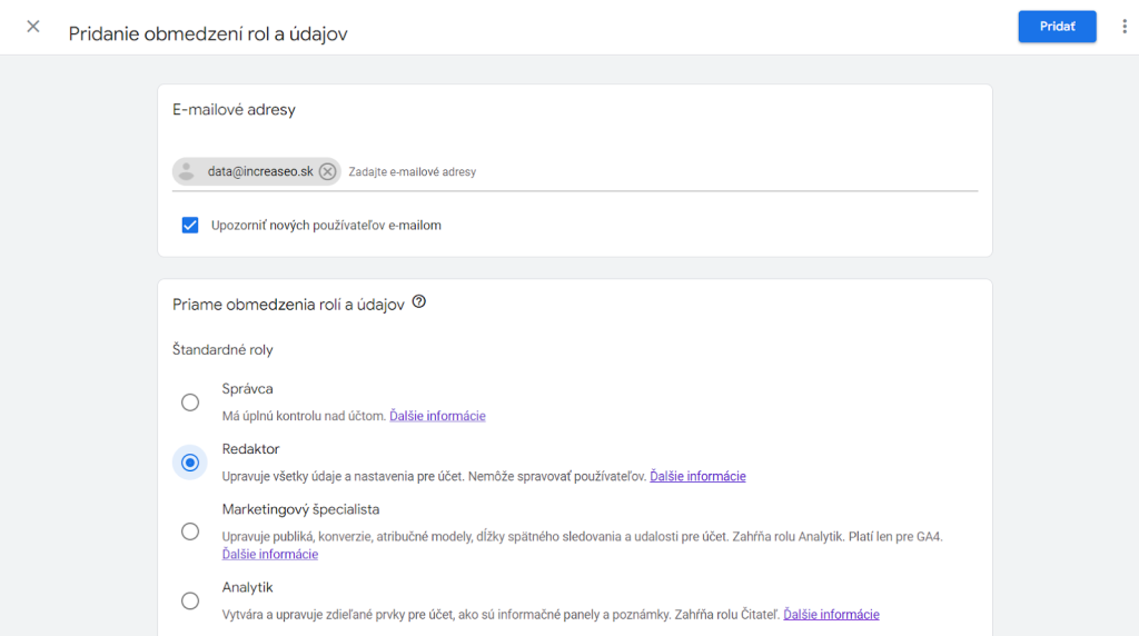 Nastavení oprávnění účtu Google Analytics