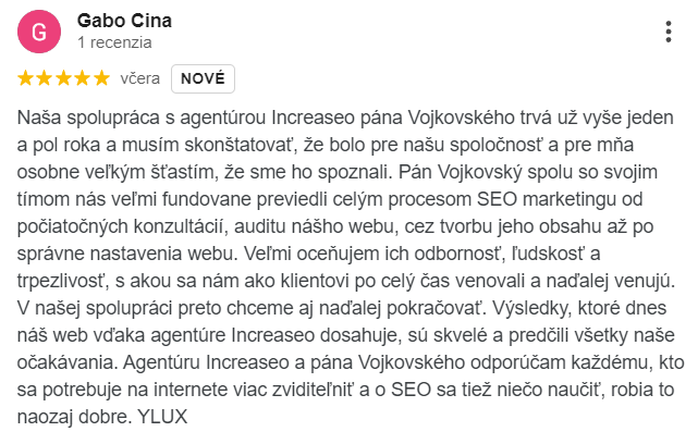 Recenze majitele zubní kliniky YLUX, pana Ciny, na spolupráci s Increaseo