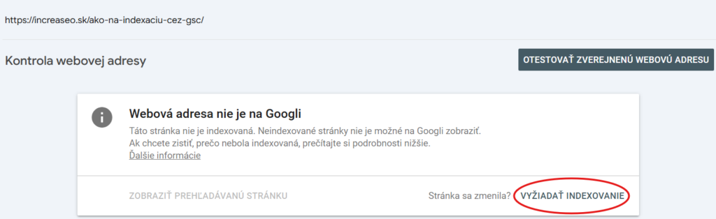 Vyžádání indexace stránky v Google Search Console