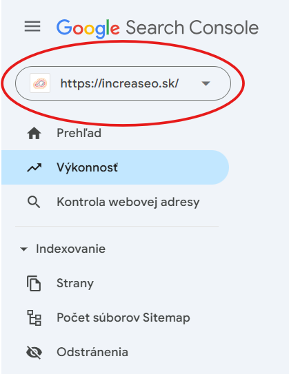 Výběr webové stránky v Google Search Console